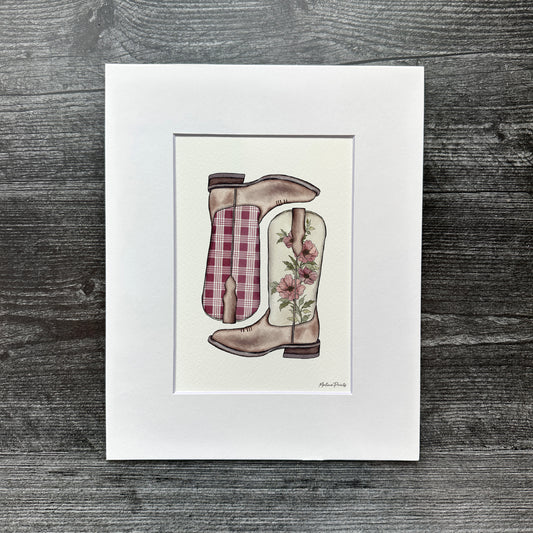 Burgundy Floral Palaka Boots | Art Print